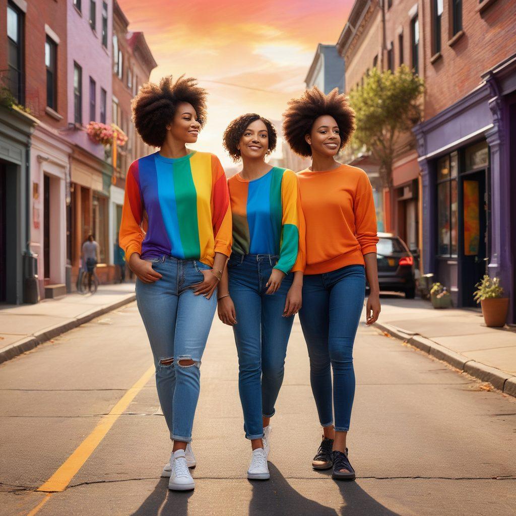 A vibrant scene depicting diverse female couples standing confidently together, radiating empowerment. The background features a colorful rainbow flag and an urban landscape, symbolizing inclusivity and strength. Each couple showcases unique styles that express their individuality, with warm lighting enhancing the joyful atmosphere. Emphasize a sense of unity and love among them. super-realistic. vibrant colors. 3D.